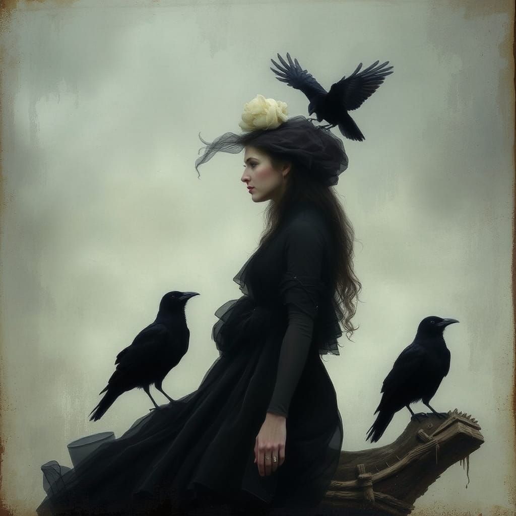 Woman Confronted by Ravens in Surrealist Style