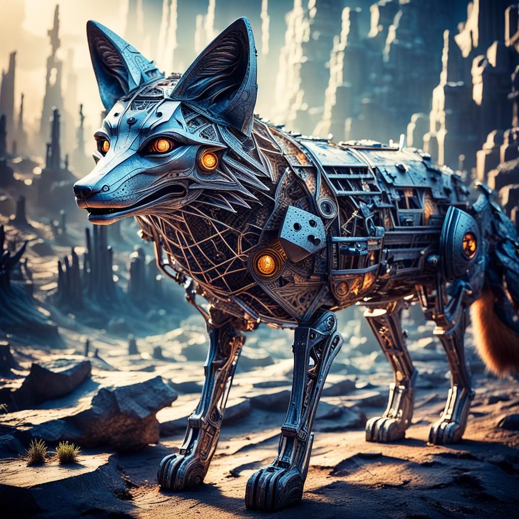 Mechanical Fox Exploring Shifting Reality Landscape