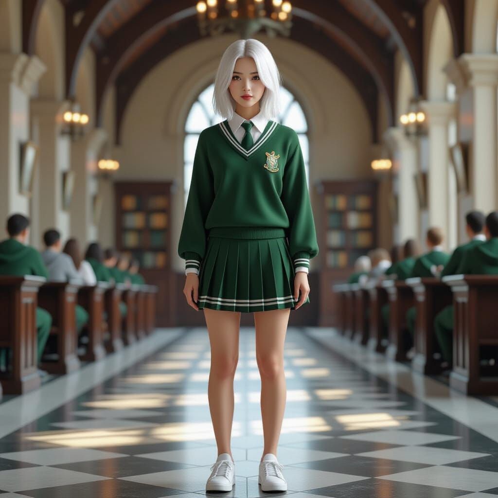 Vietnamese Woman in Slytherin Uniform at Hogwarts Great Hall