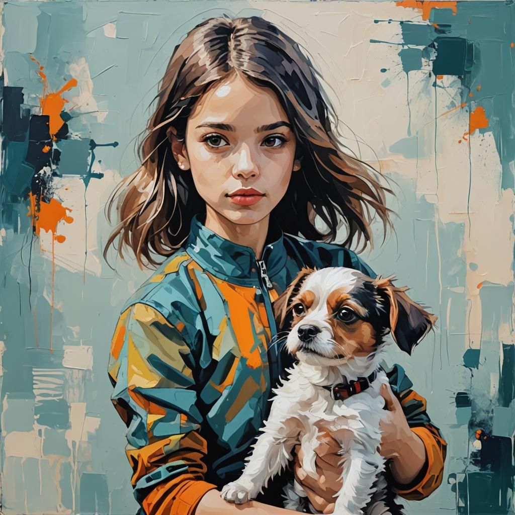 Abstract Art: Girl with Dog in Complementary Colors