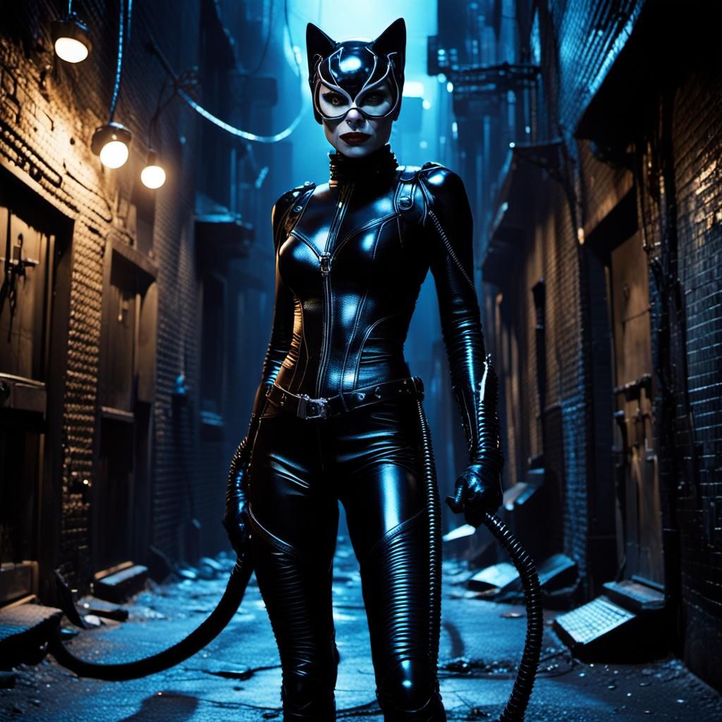 Catwoman in Dark Alleyway, Inspired by H.R. Giger and Comic....