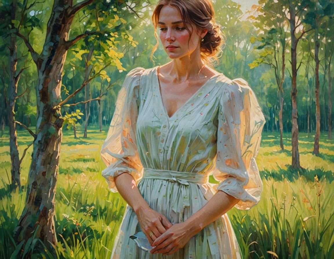 Woman in White Dress, Impressionist Oil Painting