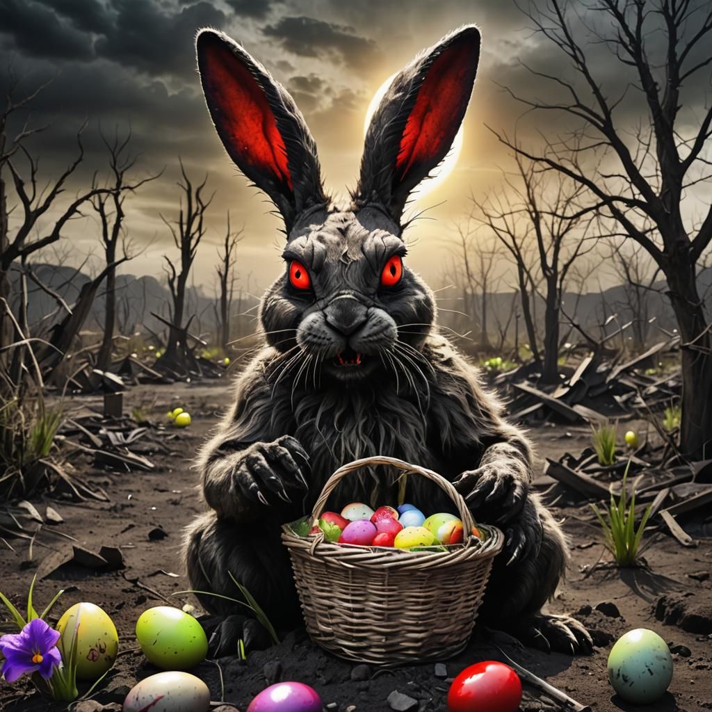 Demonic Easter Bunny in Post-Apocalyptic Wasteland