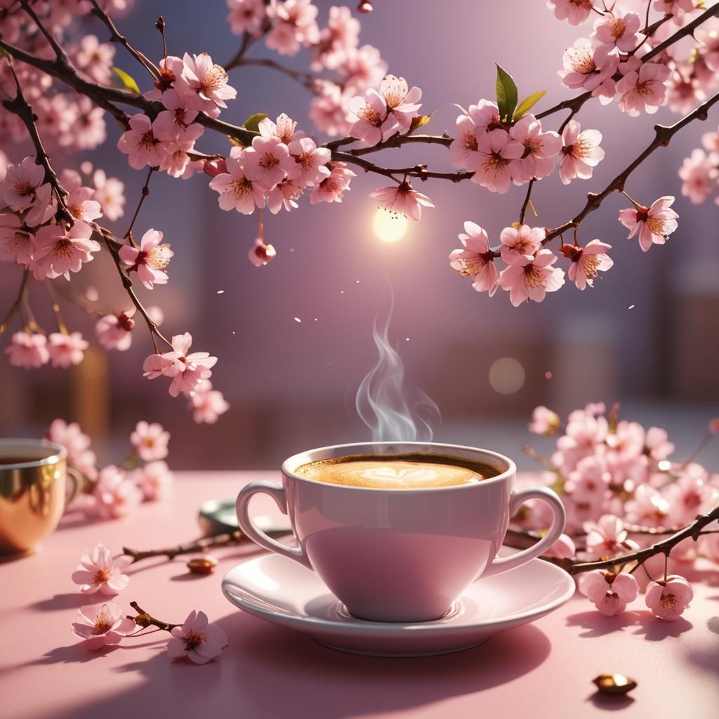 Coffee and Cherry Blossoms in 3D Animation Style