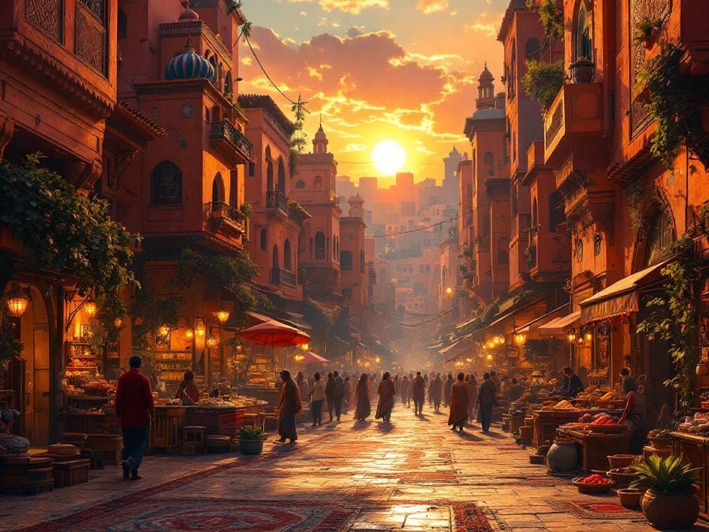Bustling Marrakech Market at Sunset in Fantasy Style