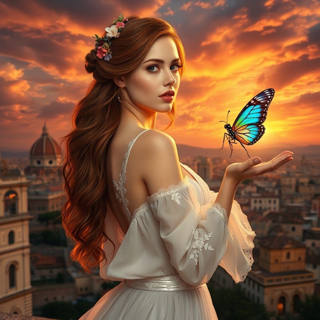 Ethereal Woman with Butterfly over Ancient City