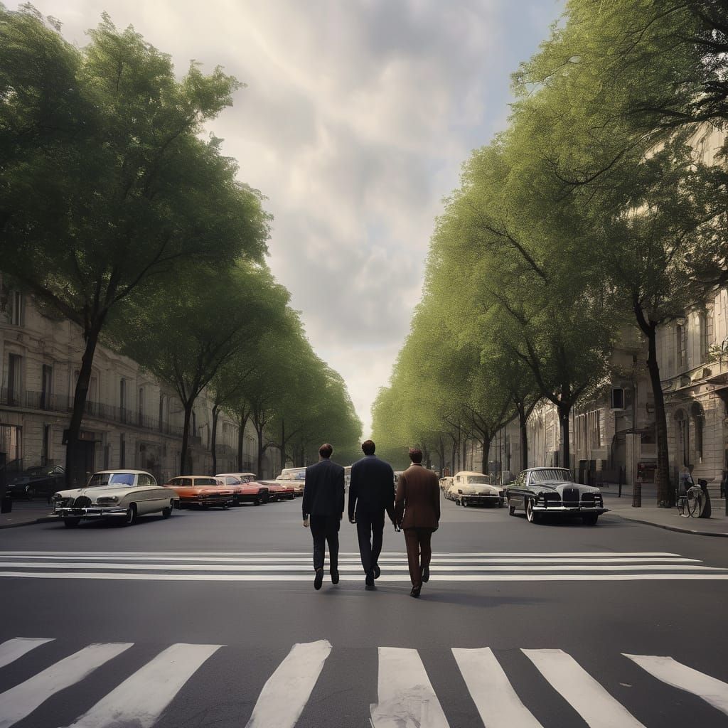 Four Men Stride Across City Zebra Crossing in Cinematic Film...