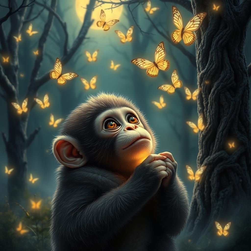 Baby Monkey in Enchanted Forest with Glowing Butterflies