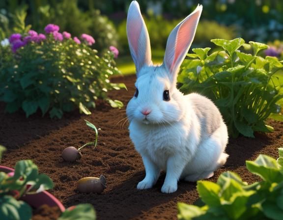 Mischievous Rabbit in Vegetable Garden: High-Resolution Phot...
