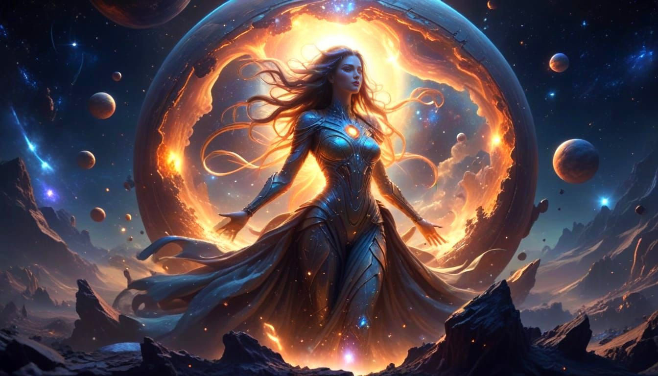 Goddess Emerges from Planet in Cosmic Airbrush Art