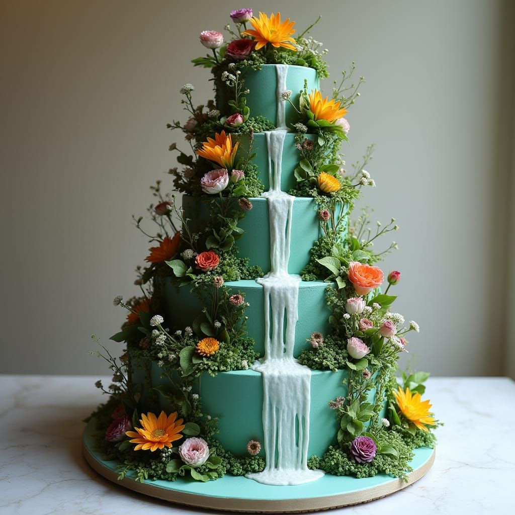 Majestic Waterfall Cake with Flowers and Greenery