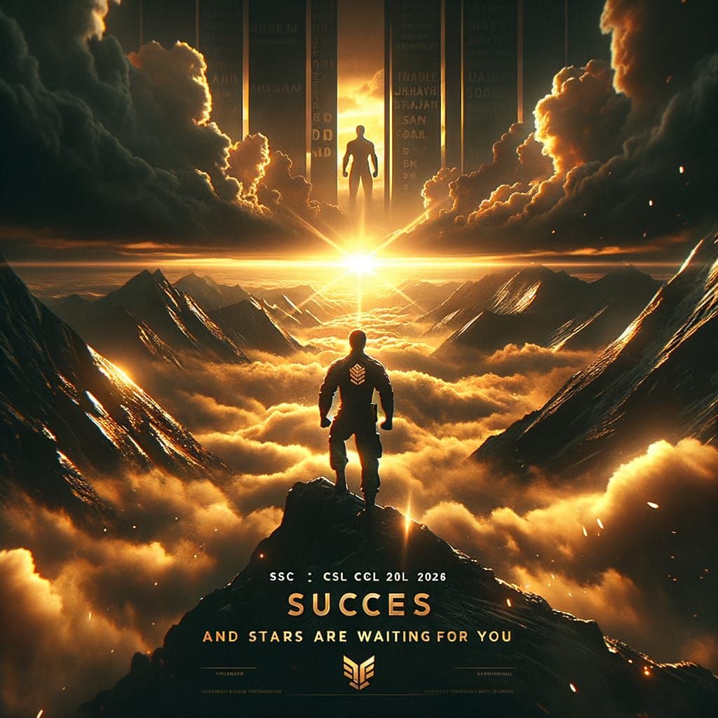 Triumphant Figure on Mountain Peak at Sunrise