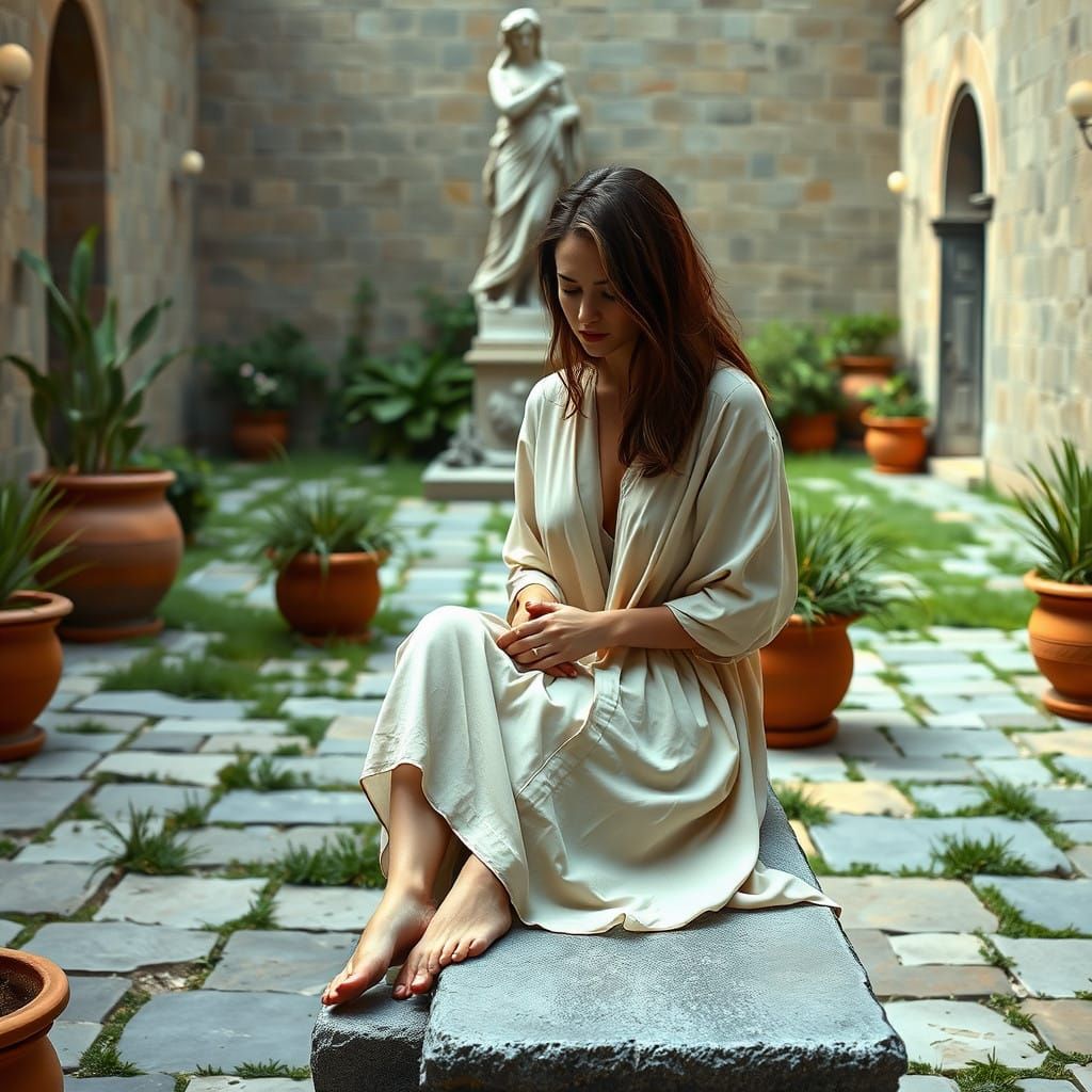 Serene Young Woman in Classical Courtyard Scene