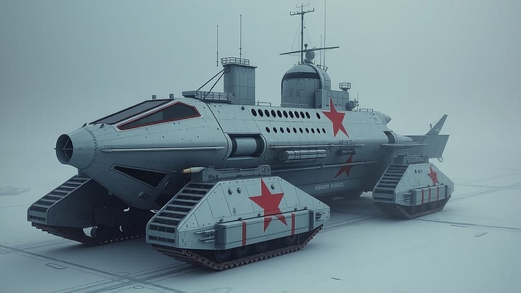 Dystopian Dieselpunk Icebreaker Battleship with Laser Guns