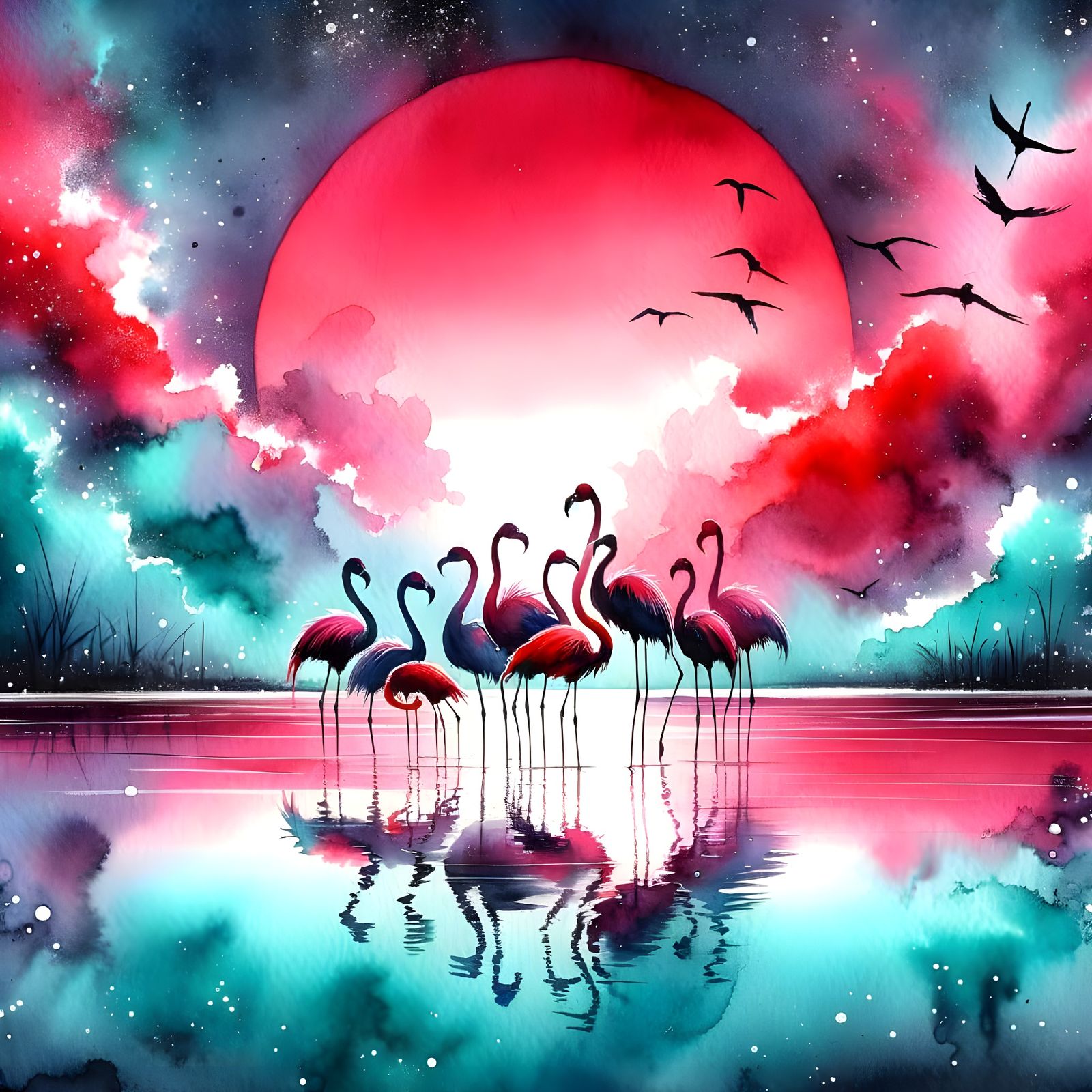 Flamingos in Watercolor Sunset Silhouette