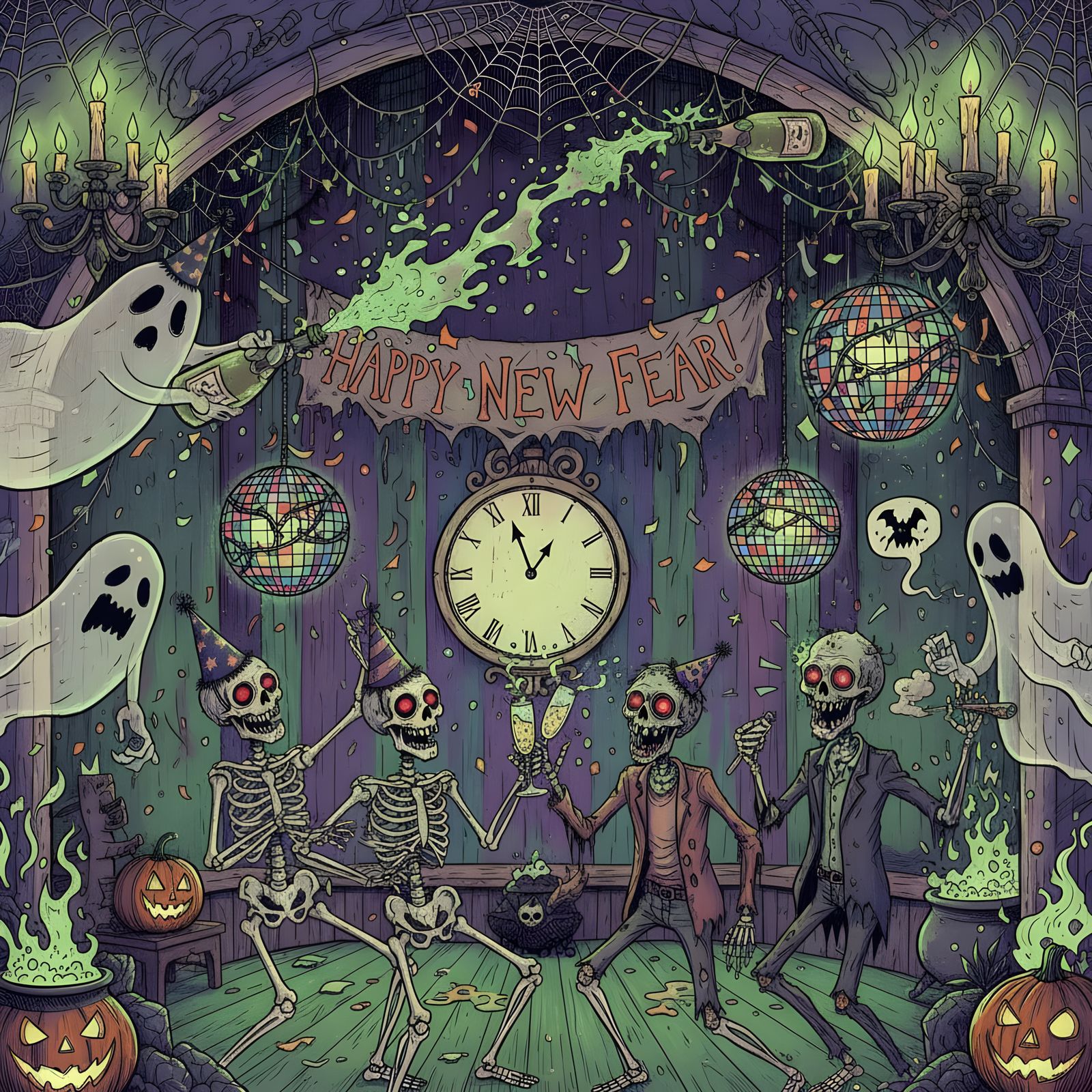 Spooky New Year's Party with Ghosts and Zombies