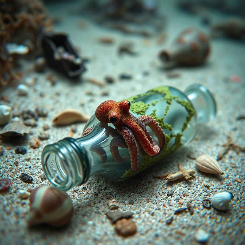 Baby Octopus Explores Glass Bottle: Photorealistic Underwate...