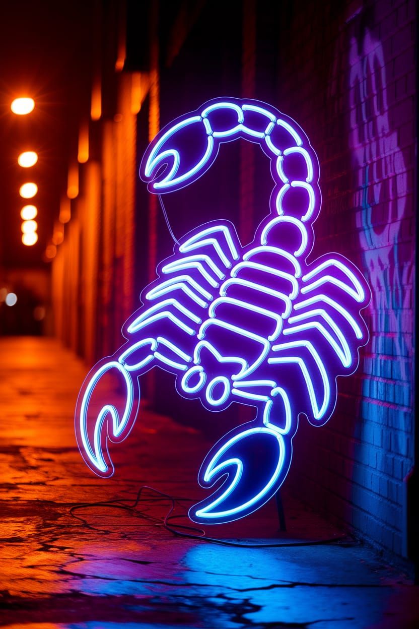 Electric Blue and Purple Neon Scorpion Sign