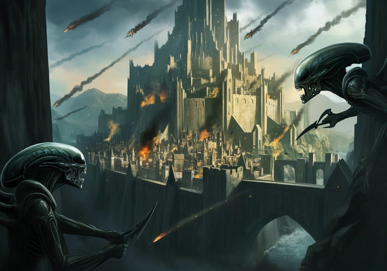 Xenomorph Swarm Assaults Minas Tirith in Flames