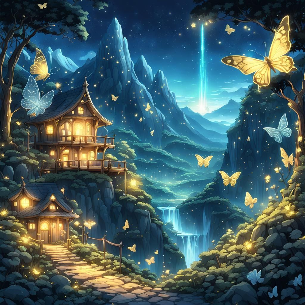 Whimsical Mountain Sanctuary with Golden Fairies: Anime Art