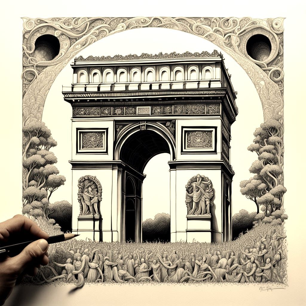 Intricate Black and White Arc de Triomphe Doodle