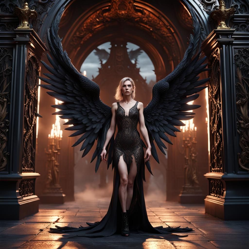 Hellish Angel with Black Wings and Ornate Gate