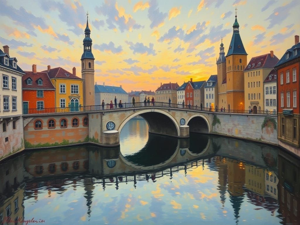 Medieval City Bridge at Dawn, Bold Reflections, Painterly St...
