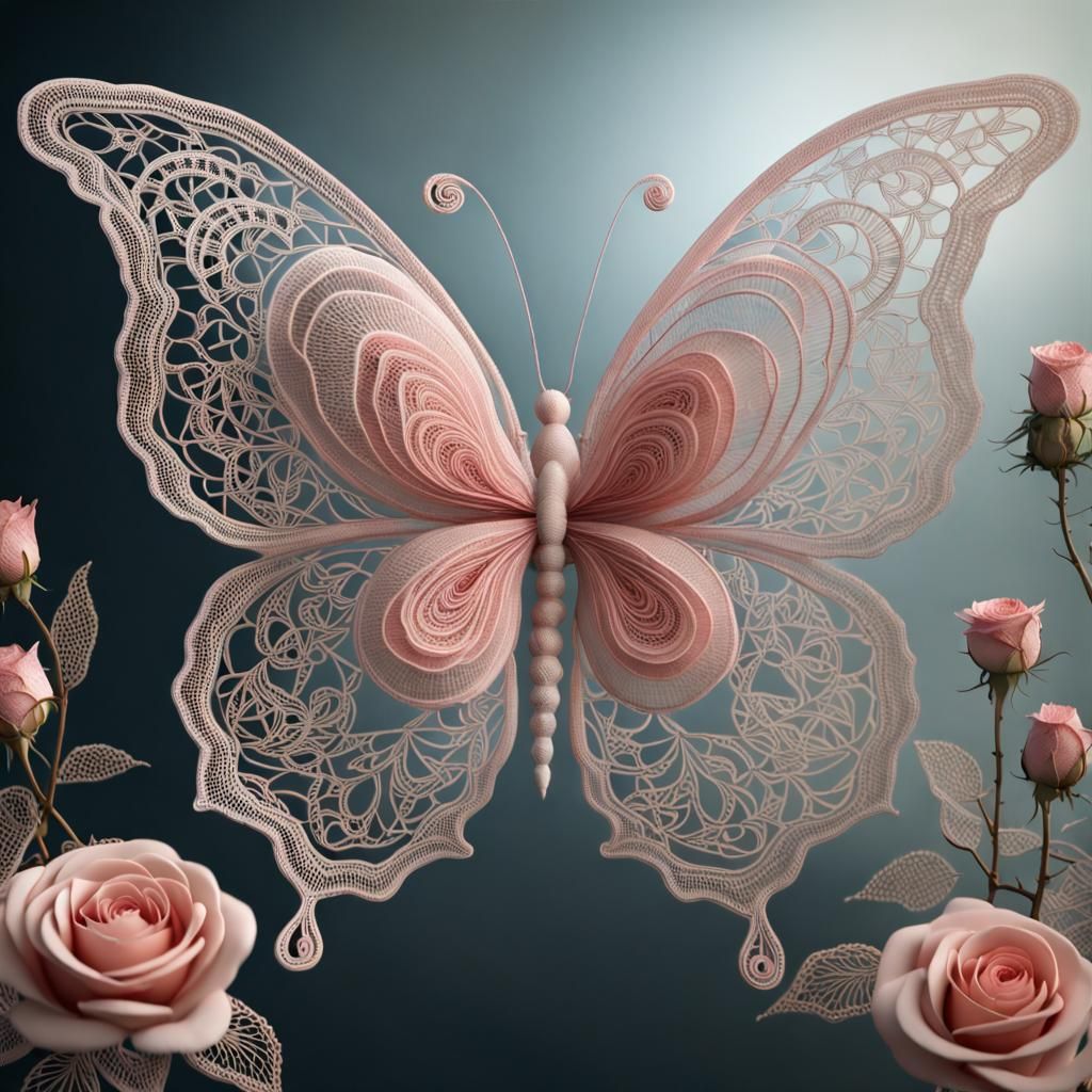 Elegant Lace Butterfly Flying to Rose in 3D