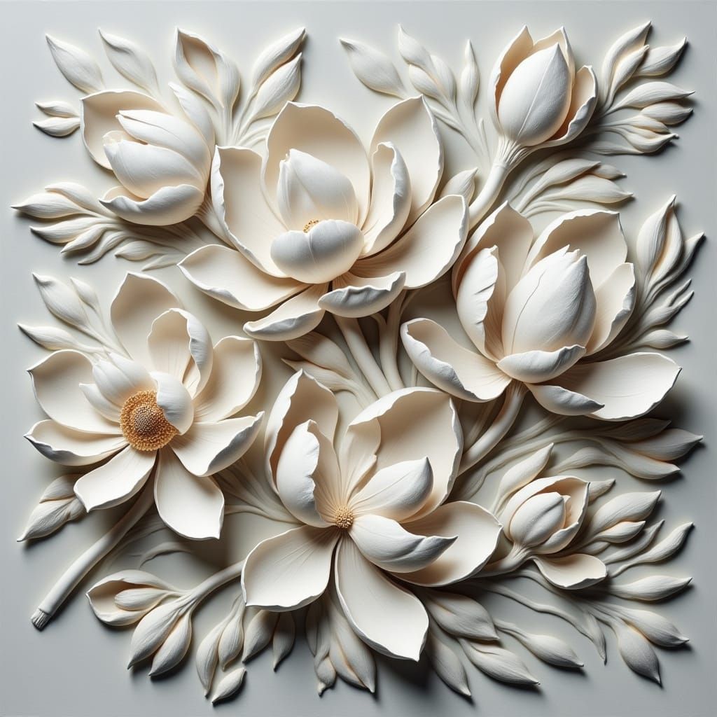 Hyperrealistic 3D Bas Relief of Magnolia Flowers in Textured...