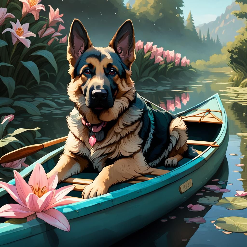 German Shepherd Puppy in Canoe, Hyperdetailed River Scene