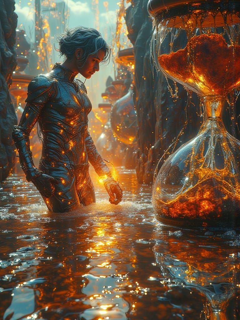 Cyborg Warrior Battles in Melting Time Landscape