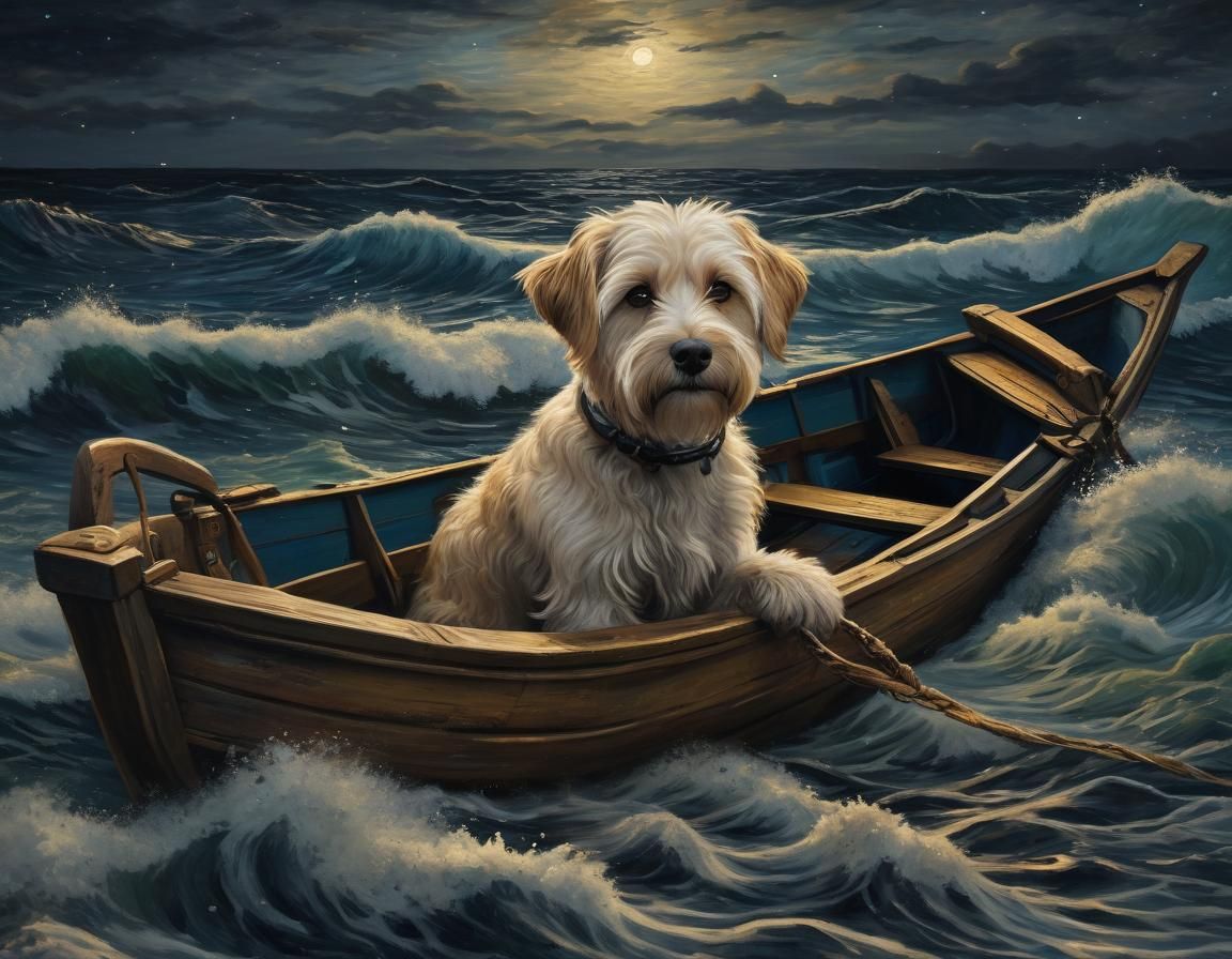 Dog in Boat, Starry Night Sky, Van Gogh Style