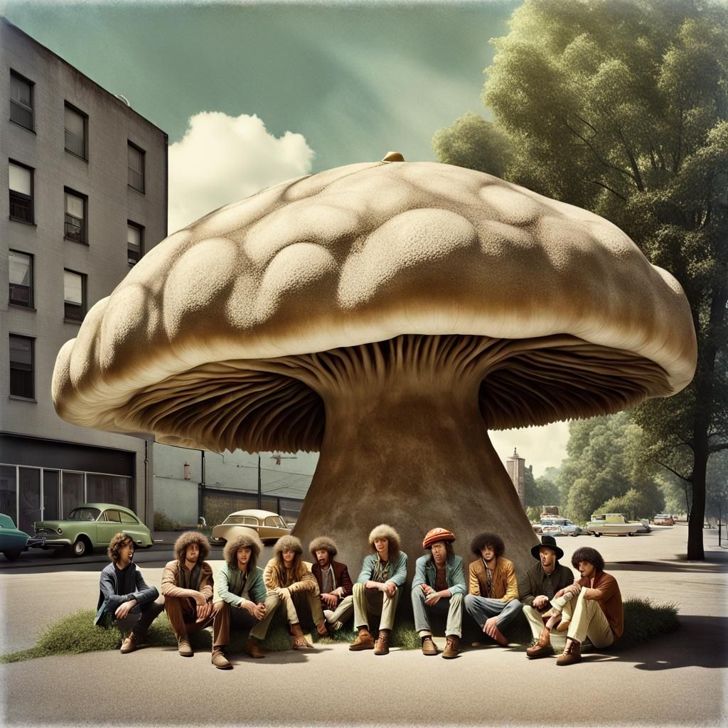 Hippies Relaxing Under Giant Mushroom: Vintage Photo