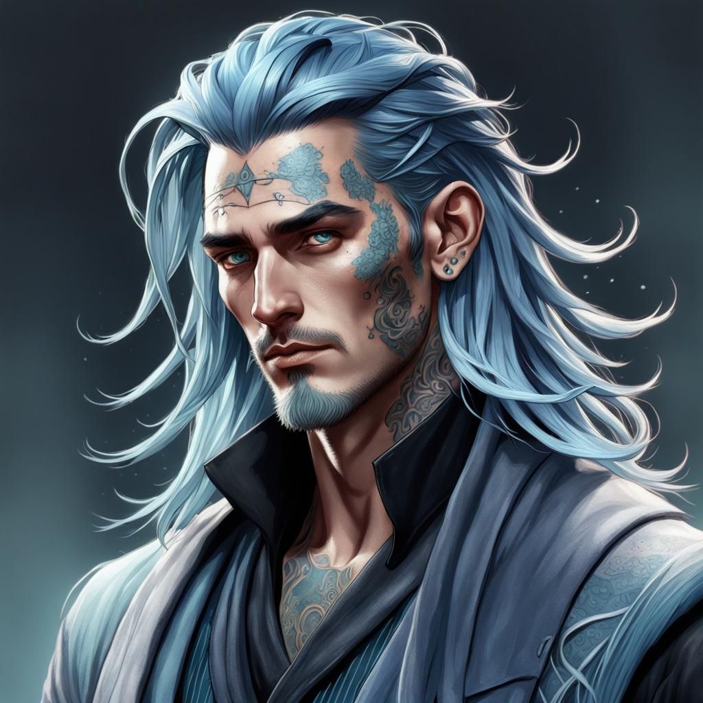 Blue-Skinned Man Portrait in Hyperdetailed Digital Art