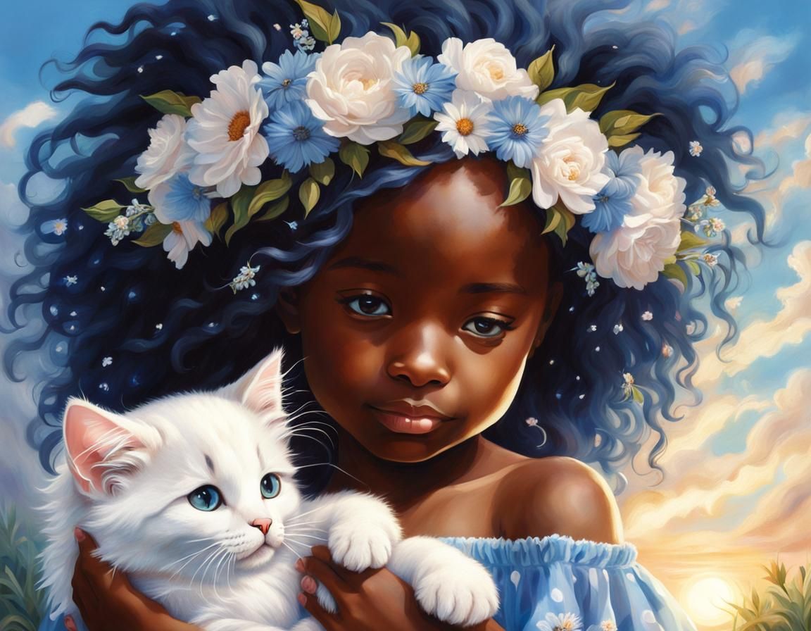 Girl with Kitten in Divine Sunshine, Visionary Art