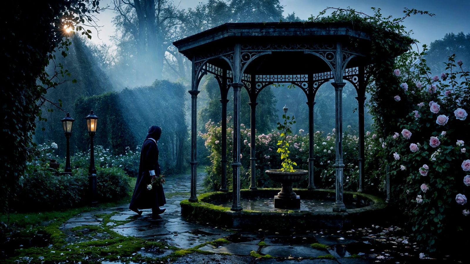 Moonlit Forgotten Garden with Roses and Ivy