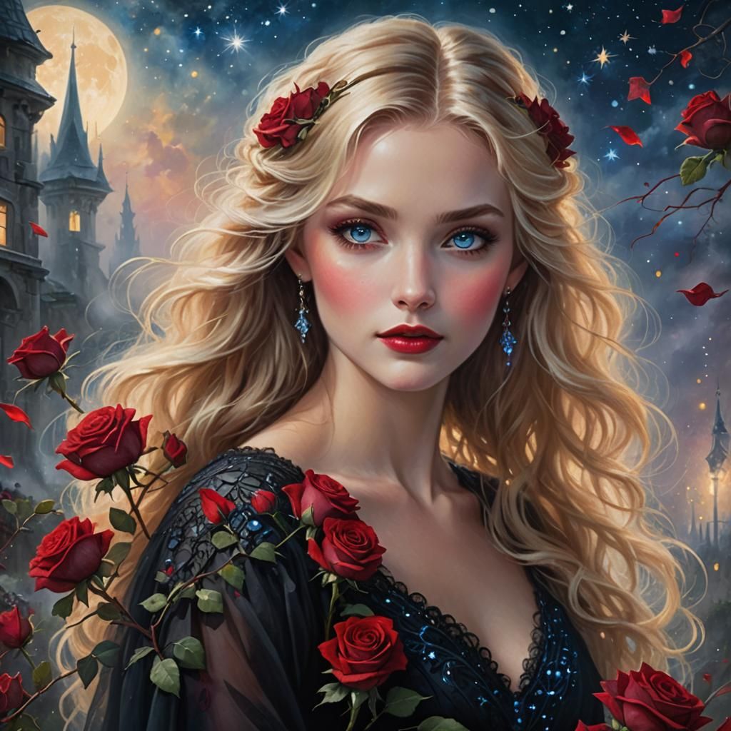 Ethereal Blond Woman with Red Rose in Starlight