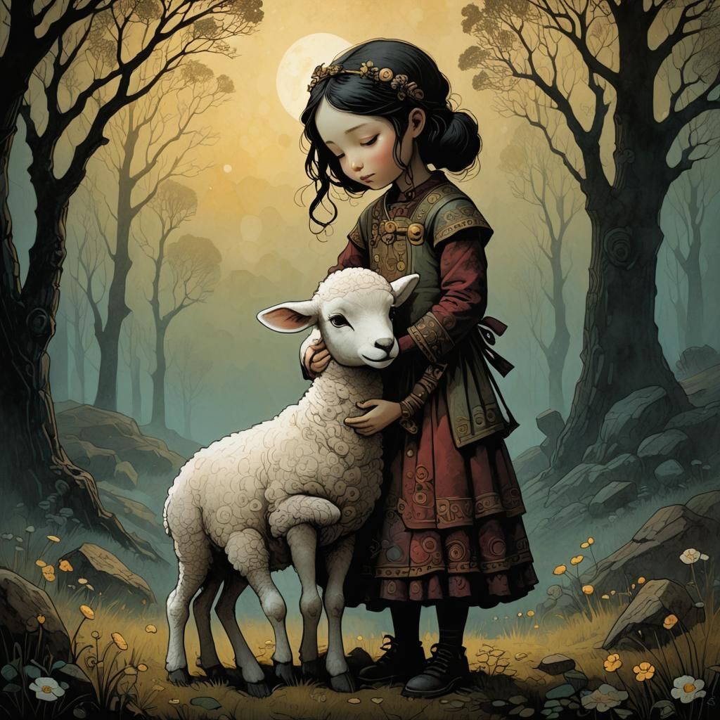 Girl and Lamb in Gentle Light, Mignola-Kehoe Style