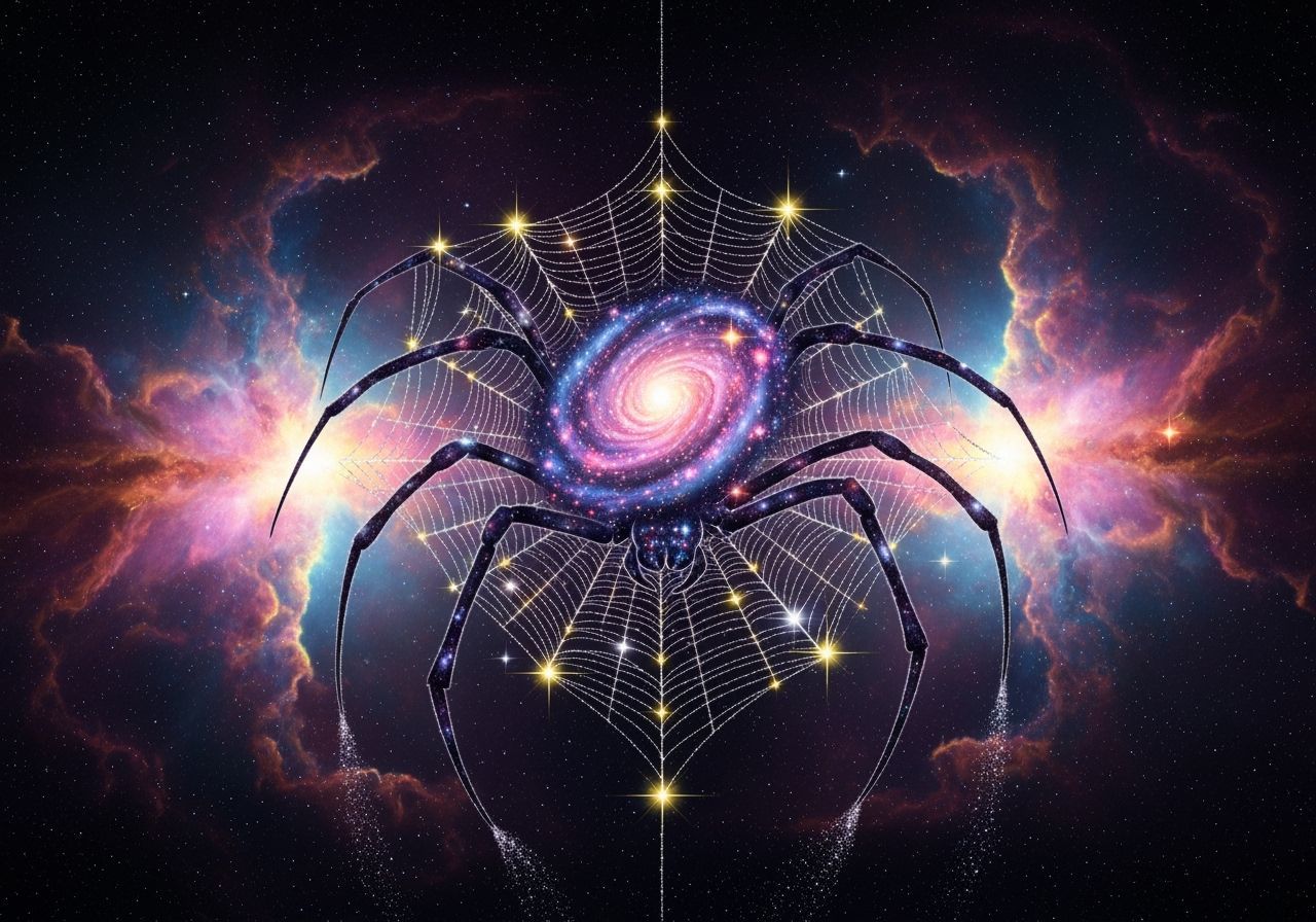 Galactic Spider Weaving Starlight Between Nebulae