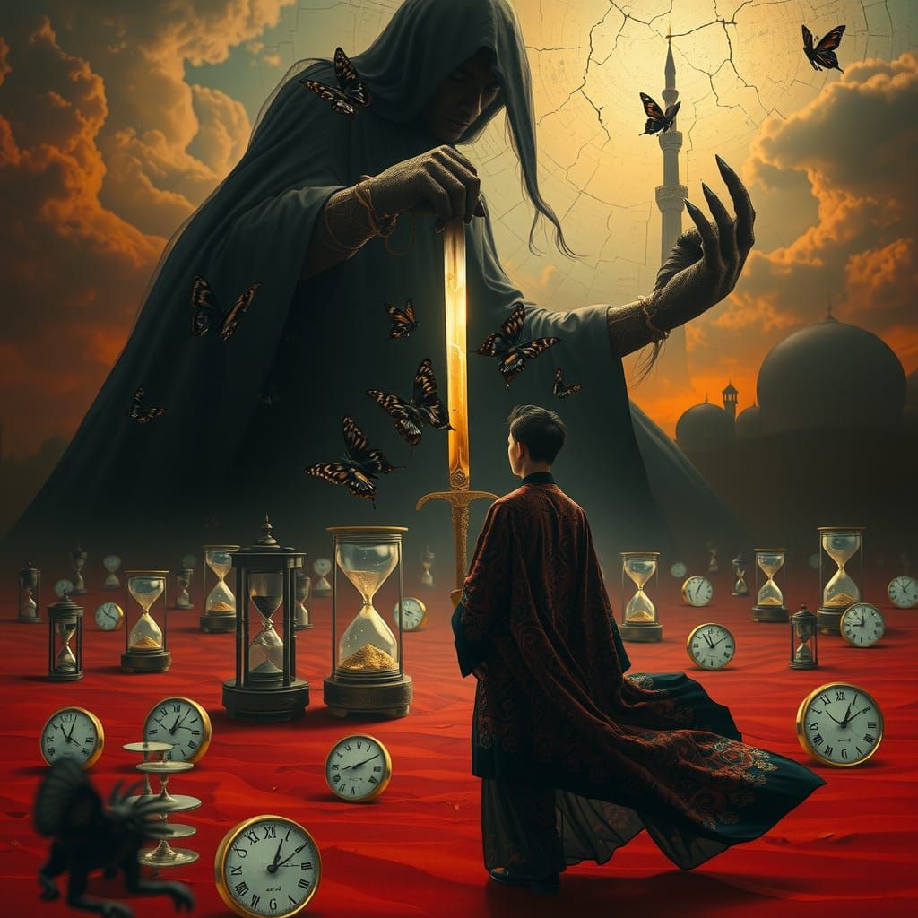 Surreal Desert Mirage of Shadowy Figure and Glass Wanderer