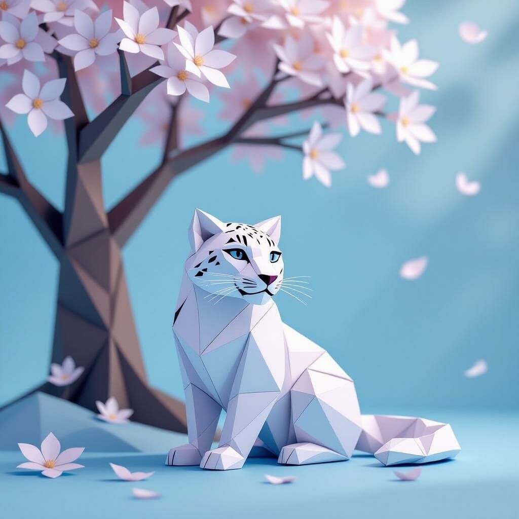 Origami Snow Leopard Under Tree in Low-Poly 3D Style
