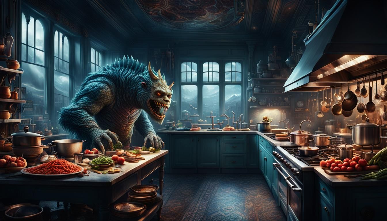 Monsters Cooking in Kitchen: Dramatic Digital Painting