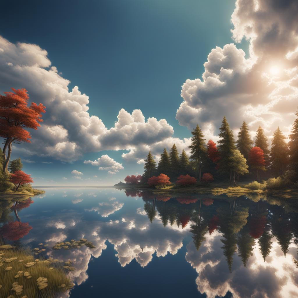 Calm Lake Reflecting Summer Cumulus Clouds