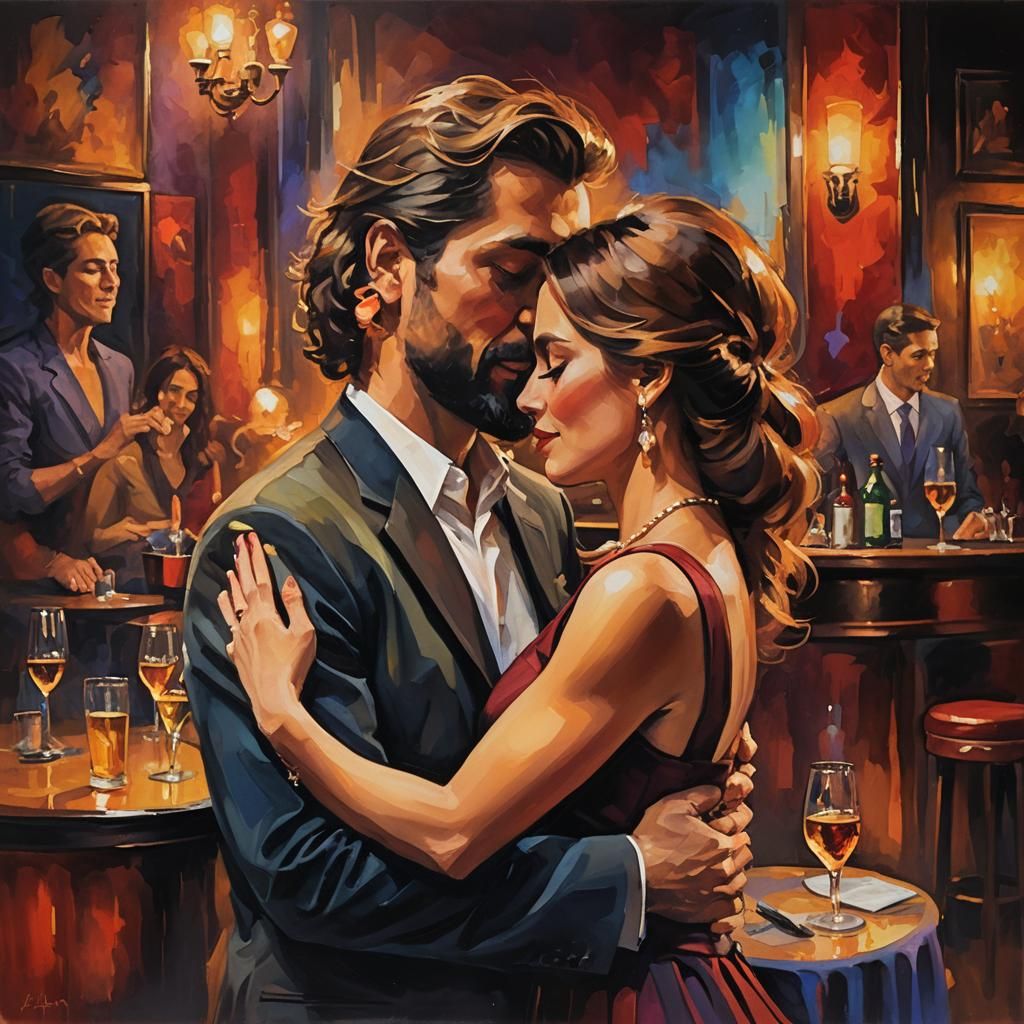 Romantic Couple in Jazz Club: Oil Painting