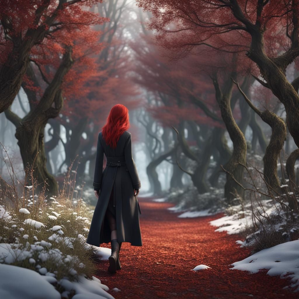 Asian Woman in Winter Undergrowth: Photorealistic Art