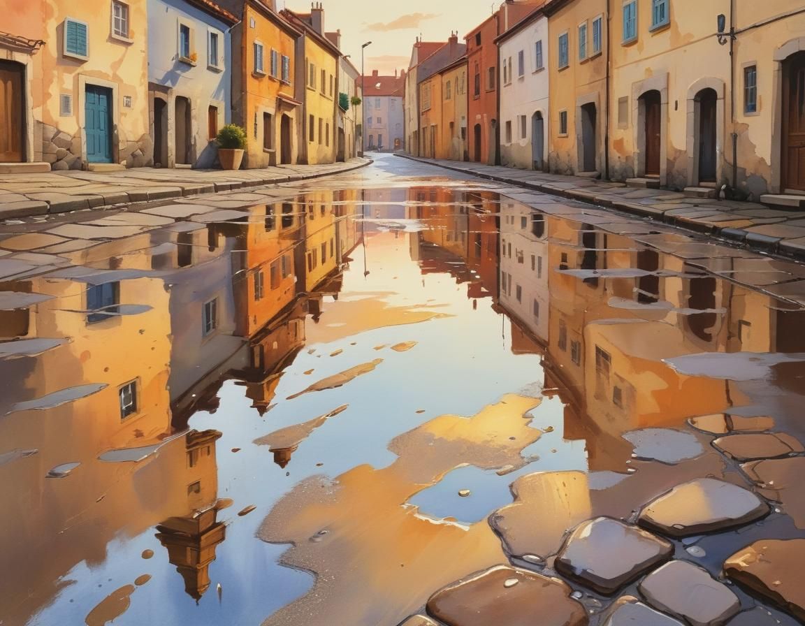 Gouache Painting: Wet Street at Sunset