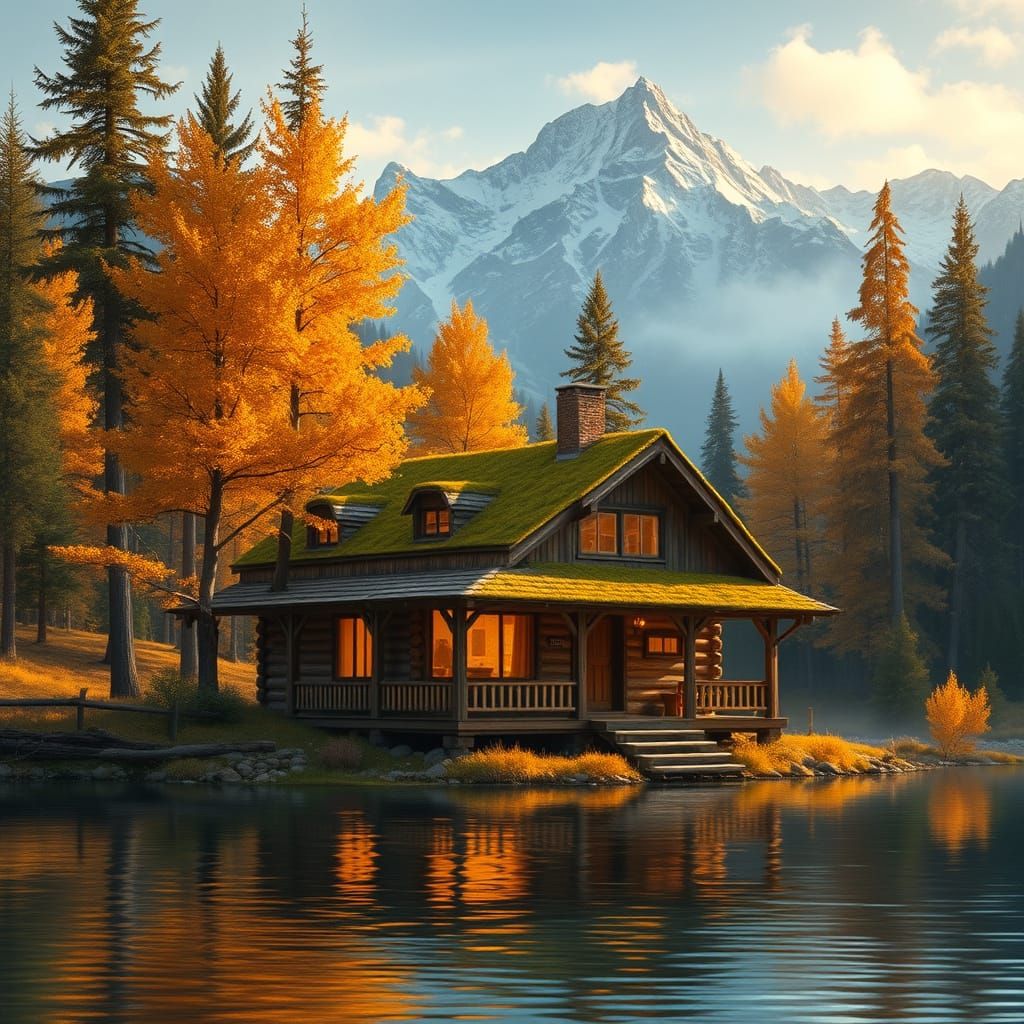 Cozy Autumn Cabin Beside a Calm Lake in Photorealistic Style
