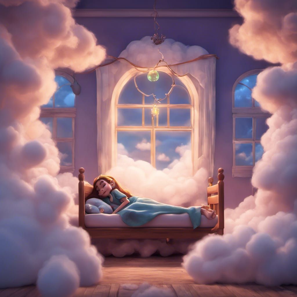 Elf Girl Sleeping on Cloud Bed: 3D Digital Art
