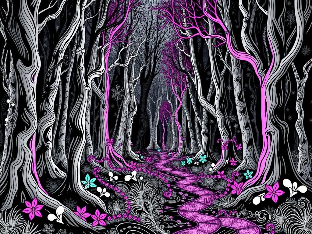 Black and White Fairy Forest in Abstract Art Style