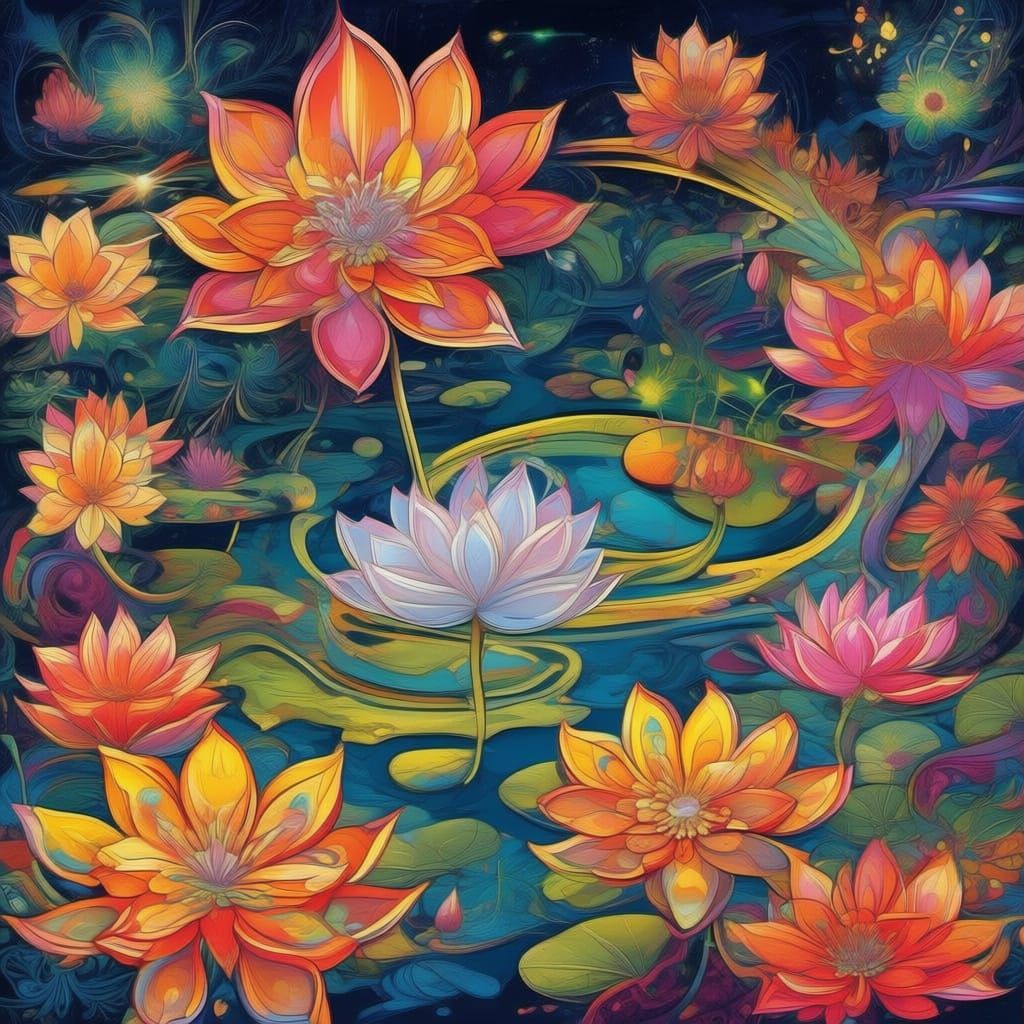 Colorful Lotuses Floating on a Swirling Abstract Design